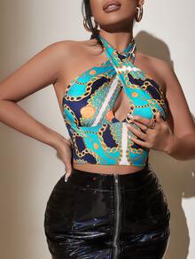 SHEIN SXY 錬條圖案鏤空交叉後背繫帶繞頸短上衣 - 彩色 - 查看 3