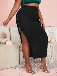 SHEIN SXY Plus Zip Side Solid Skirt - Black - View 1
