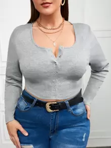 大碼前按扣短款T恤 - 灰色 - 查看 1