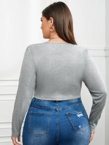 大碼前按扣短款T恤 - 灰色 - 查看 2