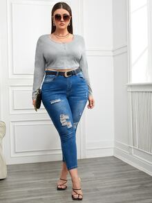 大碼前按扣短款T恤 - 灰色 - 查看 3