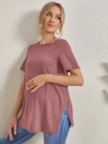 SHEIN 孕婦裝開衩下擺素色t恤 - 藕粉色 - 查看 1