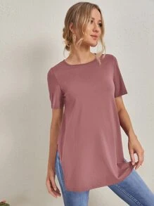 SHEIN 孕婦裝開衩下擺素色t恤 - 藕粉色 - 查看 3