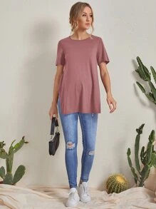 SHEIN 孕婦裝開衩下擺素色t恤 - 藕粉色 - 查看 4