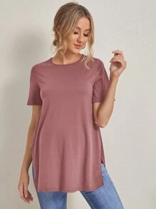 SHEIN 孕婦裝開衩下擺素色t恤 - 藕粉色 - 查看 5