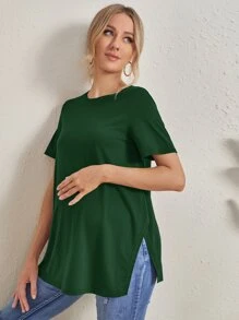 SHEIN Maternidad camiseta unicolor bajo con abertura - Verde Oscuro - Ver 2