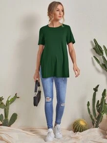 SHEIN Maternidad camiseta unicolor bajo con abertura - Verde Oscuro - Ver 5