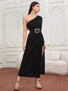 Modelyn One Shoulder High Split Glitter Dress Without Belt - Black - View 3