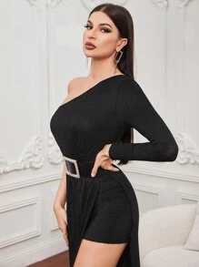 Modelyn One Shoulder High Split Glitter Dress Without Belt - Black - View 5