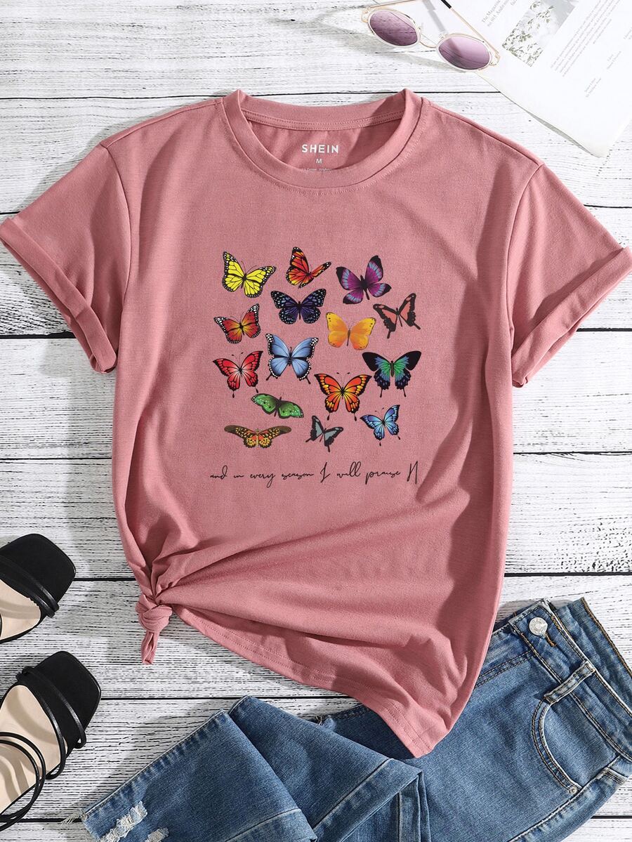 Camiseta con estampado de slogan y mariposa - Rosa vieja - Ver 1