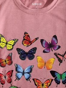 Camiseta con estampado de slogan y mariposa - Rosa vieja - Ver 5