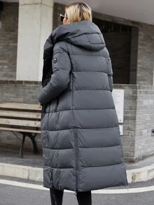 HaiLuoZi Slant Pocket Drawstring Hooded Puff Padded Coat - Dark Grey - View 2