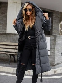 HaiLuoZi Slant Pocket Drawstring Hooded Puff Padded Coat - Dark Grey - View 3