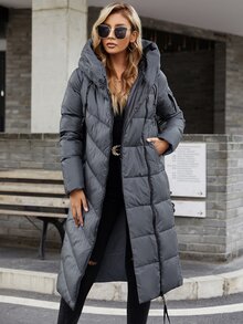 HaiLuoZi Slant Pocket Drawstring Hooded Puff Padded Coat - Dark Grey - View 4