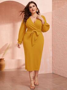 Modelyn Đầm Plus Size Thắt lưng Chia Trọn gói màu trơn Thanh lịch - Màu Mù tạt vàng - Xem 1