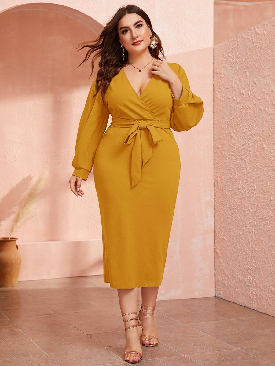 Modelyn Đầm Plus Size Thắt lưng Chia Trọn gói màu trơn Thanh lịch - Màu Mù tạt vàng - Xem 1