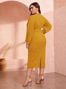 Modelyn Đầm Plus Size Thắt lưng Chia Trọn gói màu trơn Thanh lịch - Màu Mù tạt vàng - Xem 2