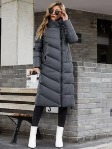HaiLuoZi Slant Pocket Drawstring Hooded Puff Padded Coat - Dark Grey - View 6