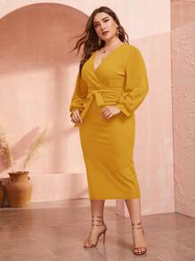 Modelyn Đầm Plus Size Thắt lưng Chia Trọn gói màu trơn Thanh lịch - Màu Mù tạt vàng - Xem 4