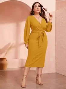 Modelyn Đầm Plus Size Thắt lưng Chia Trọn gói màu trơn Thanh lịch - Màu Mù tạt vàng - Xem 5
