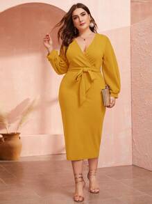 Modelyn Đầm Plus Size Thắt lưng Chia Trọn gói màu trơn Thanh lịch - Màu Mù tạt vàng - Xem 6