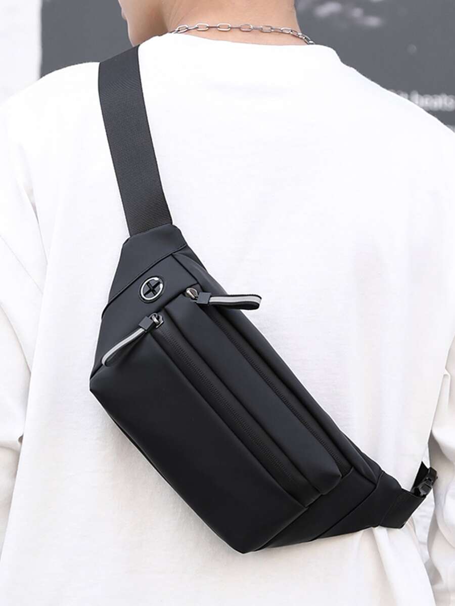 Men Minimalist Earphone Hole Bum Bag - Black - View 1