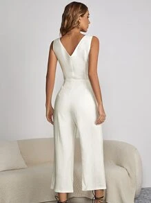 SHEIN VCAY Button Front Wide Leg Jumpsuit - White - View 3