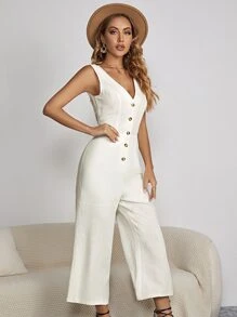 SHEIN VCAY Button Front Wide Leg Jumpsuit - White - View 4