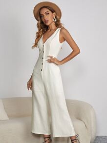 SHEIN VCAY Button Front Wide Leg Jumpsuit - White - View 5