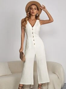 SHEIN VCAY Button Front Wide Leg Jumpsuit - White - View 1