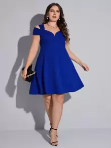SHEIN Clasi Plus Cold Shoulder Flare Hem Dress - Blue - View 1