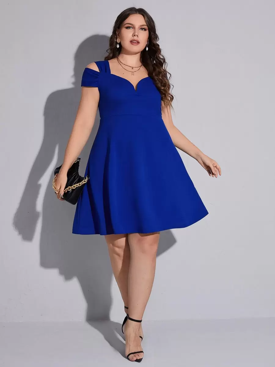 SHEIN Clasi Plus Cold Shoulder Flare Hem Dress - Blue - View 1