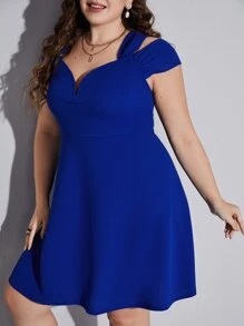 SHEIN Clasi Plus Cold Shoulder Flare Hem Dress - Blue - View 5
