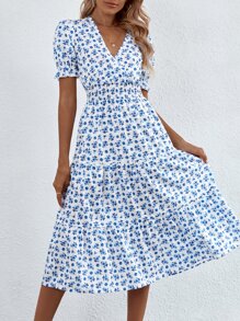 Breezaya Vestido línea A con estampado floral bajo con fruncido con fruncido - Azul y blanco - Ver 1