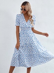 Breezaya Vestido línea A con estampado floral bajo con fruncido con fruncido - Azul y blanco - Ver 6