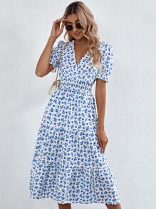 Breezaya Vestido línea A con estampado floral bajo con fruncido con fruncido - Azul y blanco - Ver 4