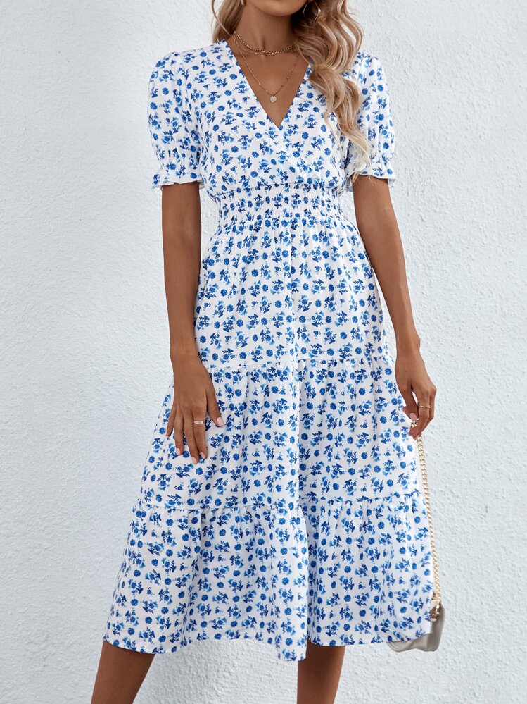 Breezaya Vestido línea A con estampado floral bajo con fruncido con fruncido - Azul y blanco - Añade 5