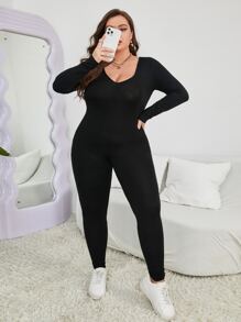 SHEIN Essnce Jumpsuits Plus Size Gân đan màu trơn Giải trí - màu đen - Xem 1