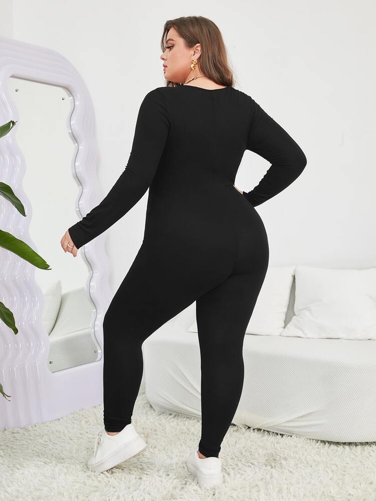 SHEIN Essnce 大碼大圓領彈力緊身連體褲 - 黑色 - 查看 2