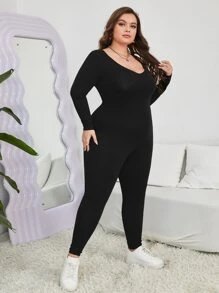 SHEIN Essnce Jumpsuits Plus Size Gân đan màu trơn Giải trí - màu đen - Xem 3