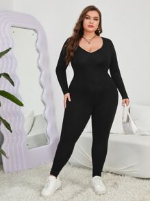 SHEIN Essnce Jumpsuits Plus Size Gân đan màu trơn Giải trí - màu đen - Xem 4