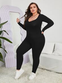 SHEIN Essnce Jumpsuits Plus Size Gân đan màu trơn Giải trí - màu đen - Xem 6