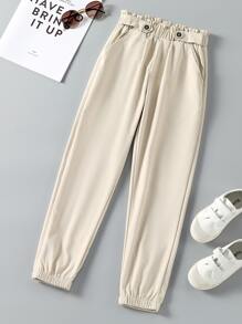 SHEIN Girls Paperbag Waist Trousers - Apricot - View 1