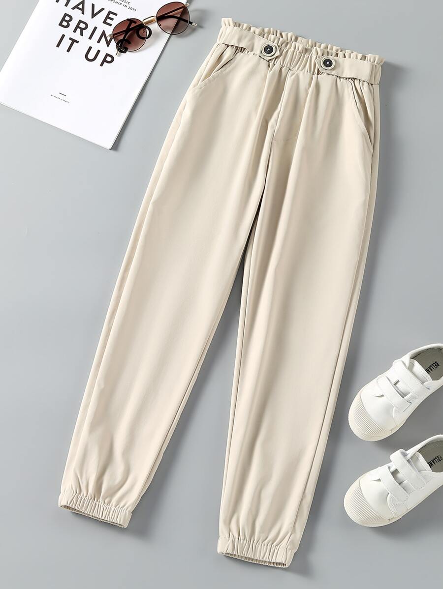 SHEIN Girls Paperbag Waist Trousers - Apricot - View 1