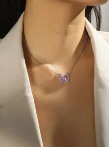 Rhinestone Trang trí Bướm Mặt dây chuyền Vòng cổ - Màu tím - Xem 1