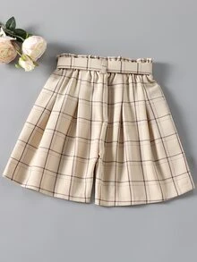 女孩格紋附腰帶短褲