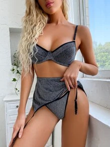 Glitter Garter Lingerie Set - Black - View 5