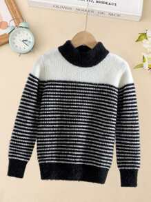 Toddler Girls Striped Pattern Fuzzy Jumper - Black and White - View 1