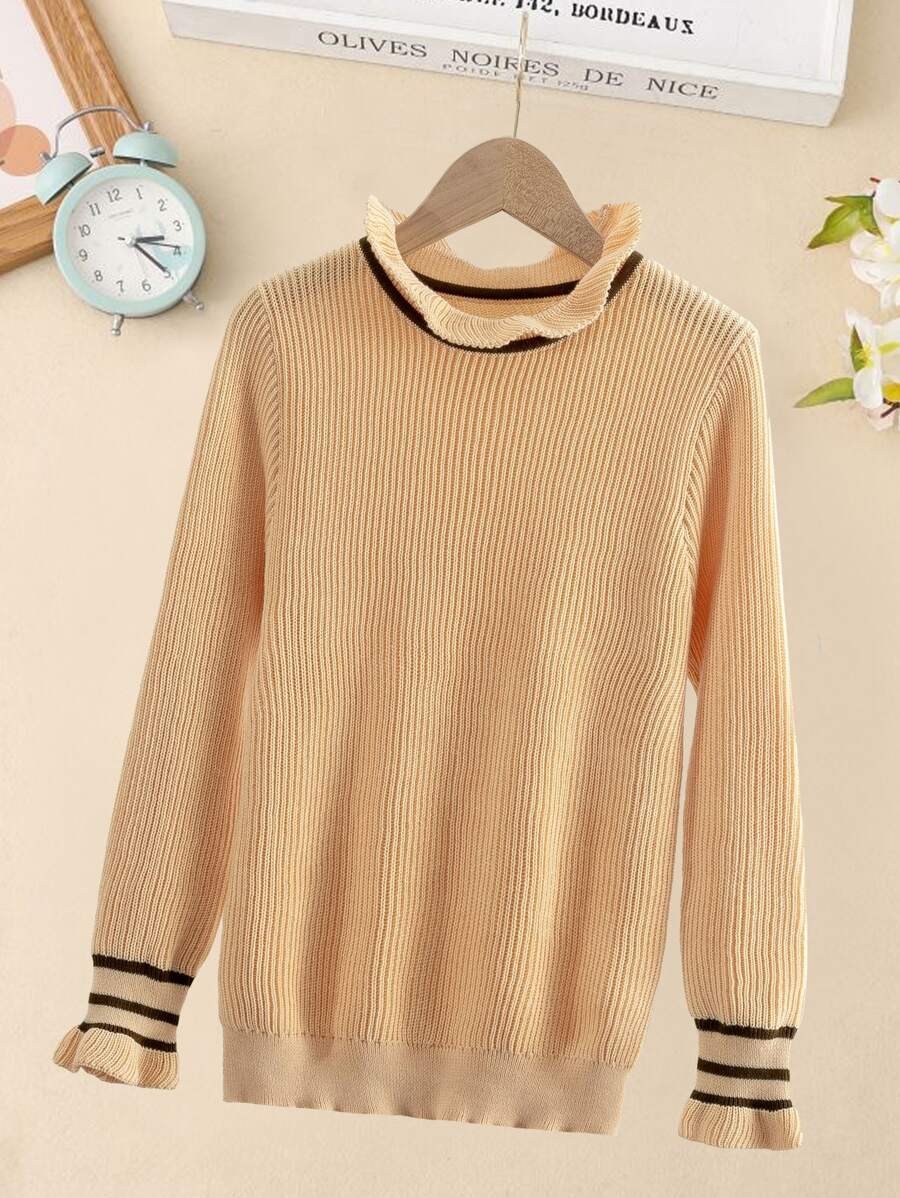Girls Stripe Trim Frill Jumper - Apricot - View 1