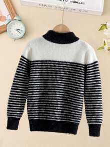 Toddler Girls Striped Pattern Fuzzy Jumper - Black and White - View 2
